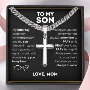 1pc "To My Son" Cross Pendant Necklace, Stainless Steel Cuban Chain Jewelry, Birthday Gift Valentine's Day Gift, Christmas Gift, With Card And Gift Box Packaging