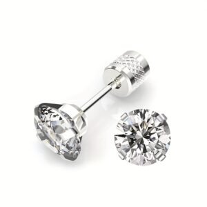 Pair of 4mm White Synthetic Zirconia Earrings with Floral Relief Design and Ear Plugs for Pierced Ears, Featuring Exterior Threaded Design. Popular in Europe and America, Perfect for Valentine's Day