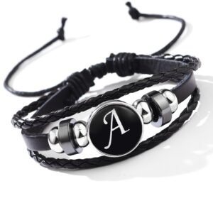 Classic European and American Style Minimalist Bracelet, and Fashionable 26 English Letters Woven PU Leather Black Onyx Bracelet Jewelry