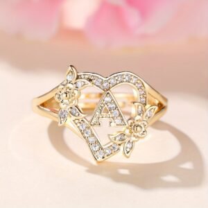 ANGOL Adjustable Cuff Ring for Women - Vintage & Boho Style, Golden-Tone with Floral and Letter Design, Perfect for Weddings and Parties, Gift for Her, Adjustable Jewelry, Boho Adjustable Ring