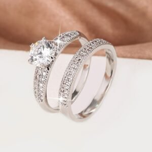 Luxury zirconia Eternity Band Ring 2pcs/Set 18K Gold Plated Delicate Jewelry Party Wedding Engagement Decor For Women Girls Gift