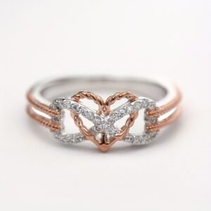 Anchor & Heart Ring | Two-Tone with CZ Stones - Rose & White Golden Plated Stainless Steel Promise Ring, Cubic Zirconia Cut Wing Band for Couples