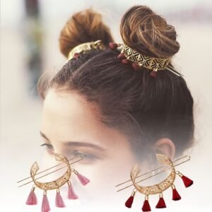 Set of 2 Floral Hollow Retro Tassel Hairpins with Double Balls, Hair Accessories.