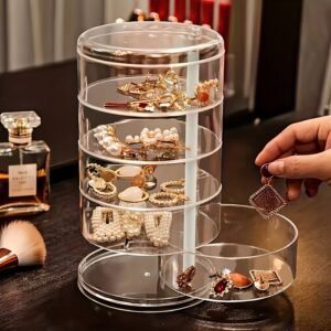 A High-end Exquisite Rotating Jewelry Box,five Layers of Large Capacity Withcover Dust Proof Quality Pet Material,used for Dressing Table Bedroom Desktop Sorting Storage,hair Accessories,bracelets,necklaces, Earrings and Other Accessories Storage Box