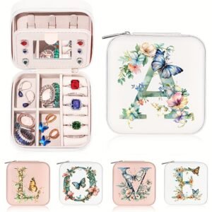 Floral Letter Personalized Mini Travel Jewelry Storage Case - Portable Jewelry Organizer Box with Compact Design, Soft Velvet Interior, And Secure Closure - Perfect for Women On-The-Go, Travel, And Storage of Small Additions