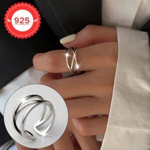 A Ring Made of S925 Silver Featuring a Geometric Three-Layer Line Cross Design, Embodying Minimalism. It Is Adjustable And Suitable for Everyday Wear, Parties, And Gifts - Elegant Jewelry Perfect for All Seasons