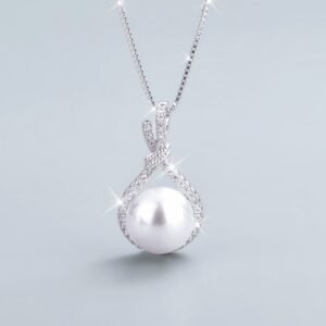 Elegant Bridal Wedding Pearl Pendant Necklace, January Birthstone, Copper with Synthetic Zirconia, Analog Stone Creation, Daily & Banquet Wear, Anniversary Engagement Gift Jewelry
