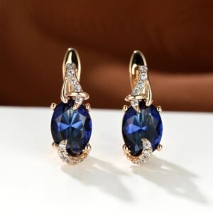 1pc Golden Color Blue Stone Drop Earrings Trendy Women Round Oval Cut White Blue Red Pink Stone Drop Earrings Anniversary Claw Earrings Jewelry