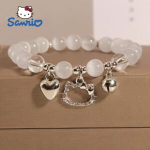 Sanrio Officially Hello Kitty Charm Beaded Bracelet, Cute Cartoon Elastic Y2K Style Heart-shaped Charm Bracelet, Hand Jewelry Decoration Birthday Festival Gift