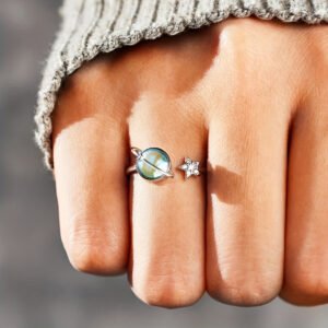 A Stylish And Unique Lady's Ring With Delicate And Creative Design Of A Small Earth And Moon Surrounded By Blue Synthetic Gemstones, Adjustable Opening Suitable For Daily Wear And Birthday Gift (without Box).
