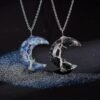 1pc Natural Crystal 7 Chakra Life Tree Wire-Wrapped Crescent Moon Phase Stone Pendant Necklace (Contains Resin). Boho Gemstone Design Ideal for Vintage, Vacation and Forest-style Outfits, Delivering a Strong Laid-back Retro Vibe. Women's Jewelry Gift - Lapis Lazuli+Obsidian